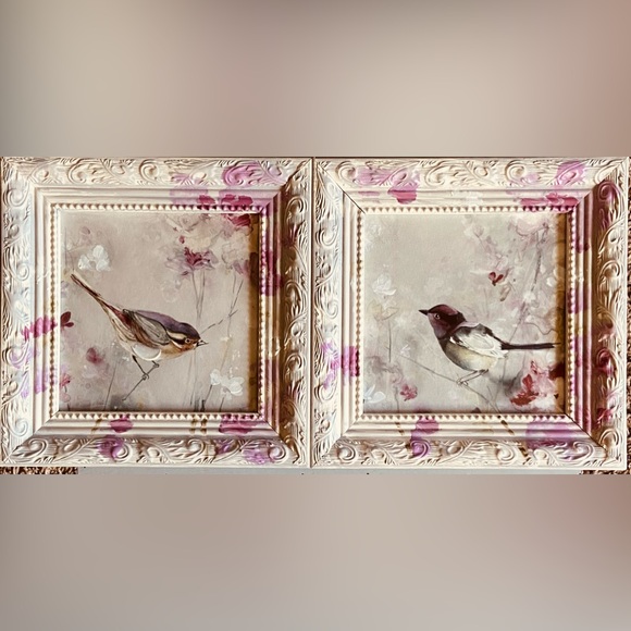 NWT Two 9x9” Delightful Framed Bird Wall Art Paints- Mauve Pinks & Bright White - Picture 7 of 16